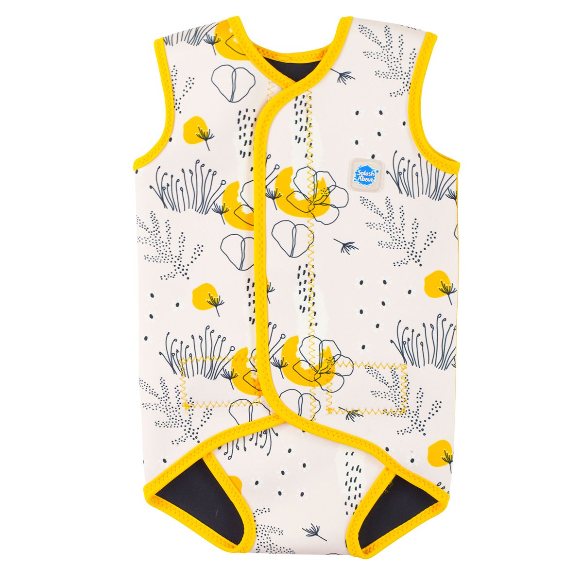 Baby Wrap wetsuit in white with yellow trims and minimalist floral themed print. Front.