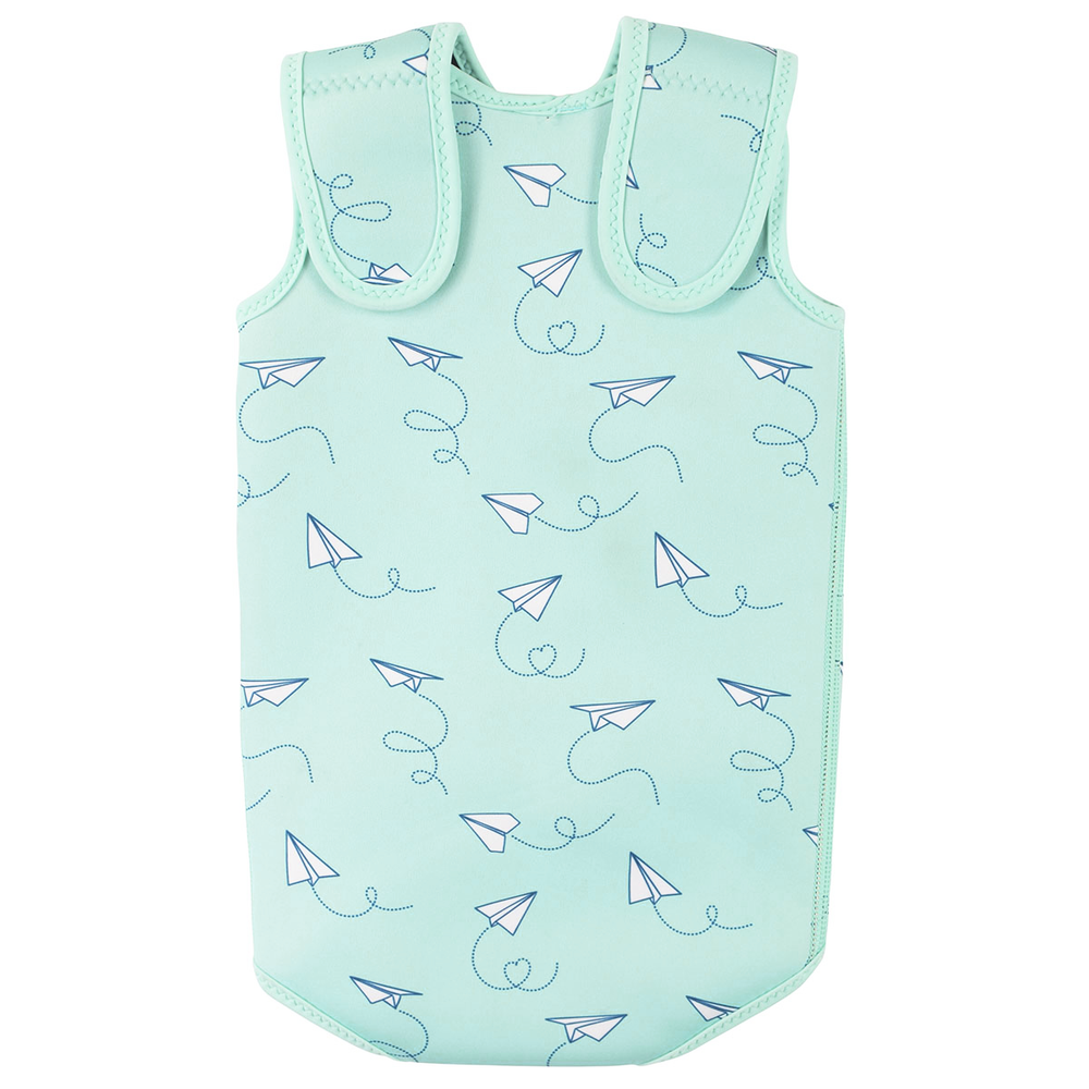 Baby Wrap wetsuit in baby blue with white paper planes themed print. Back.