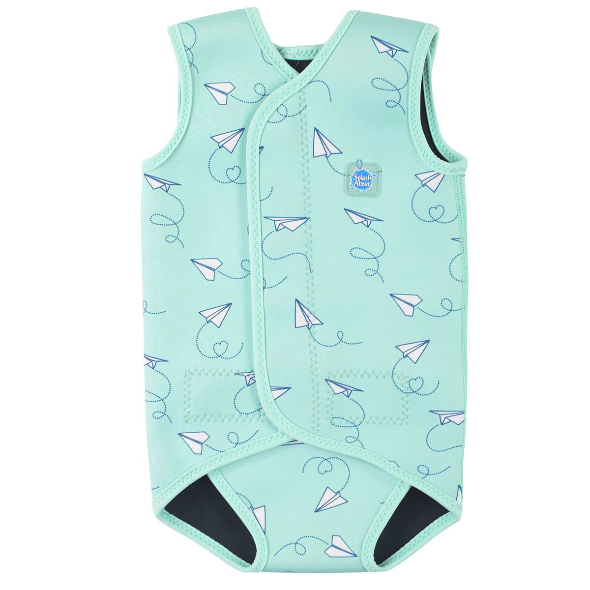 Baby Wrap wetsuit in baby blue with white paper planes themed print. Front.