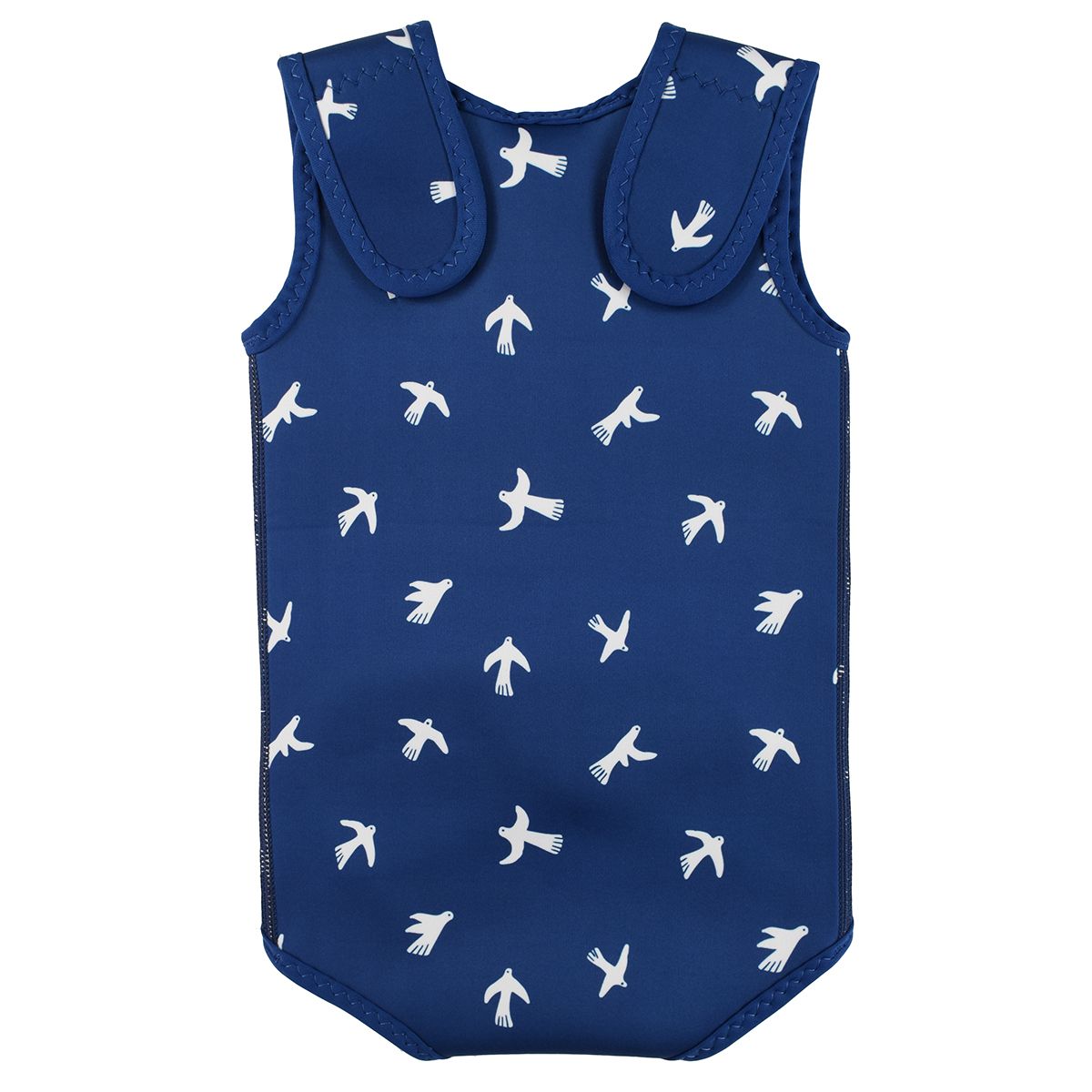 Baby Wrap wetsuit in navy blue with white doves themed print. Back.