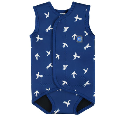 Baby Wrap wetsuit in navy blue with white doves themed print. Front.