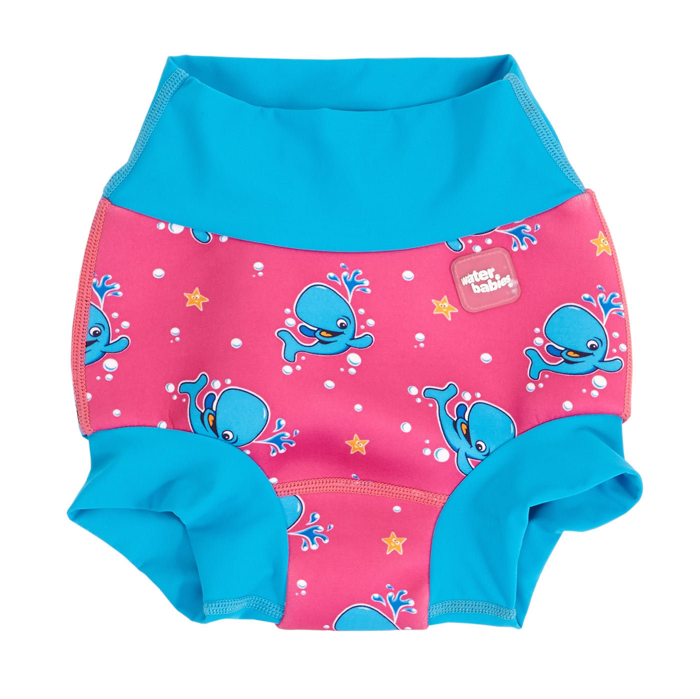 Baby swim nappy in blue and pink Bubba the Whale print