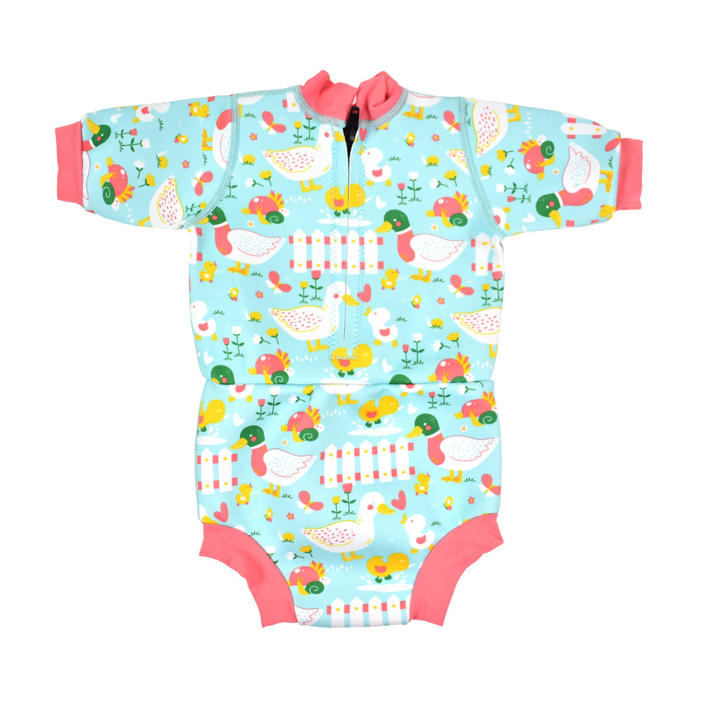 Baby wetsuit with built in swim nappy in pink and blue duck print. Back.