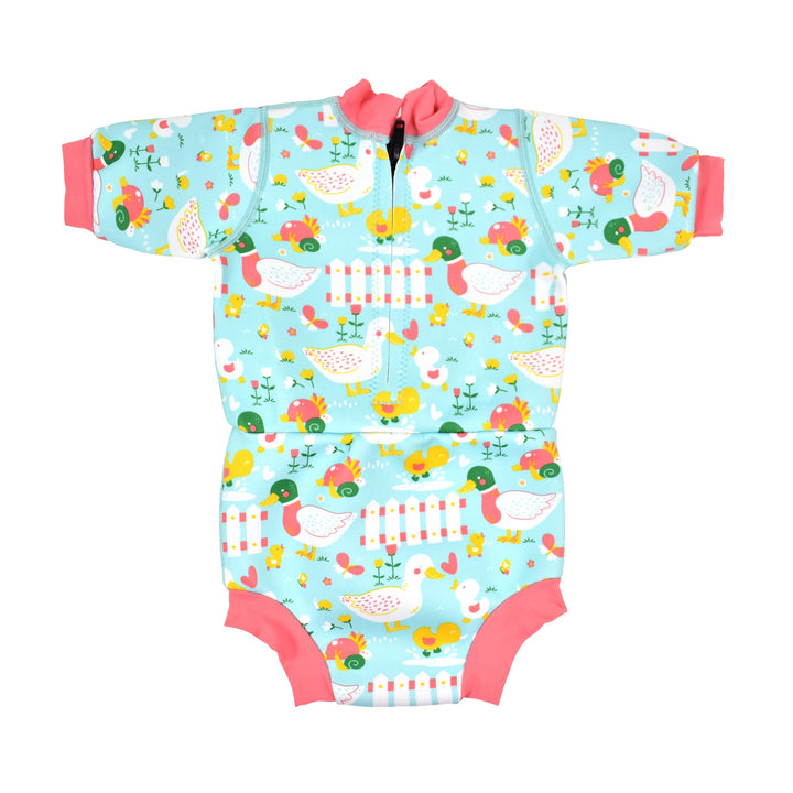 Baby wetsuit with built in swim nappy in pink and blue duck print. Back.