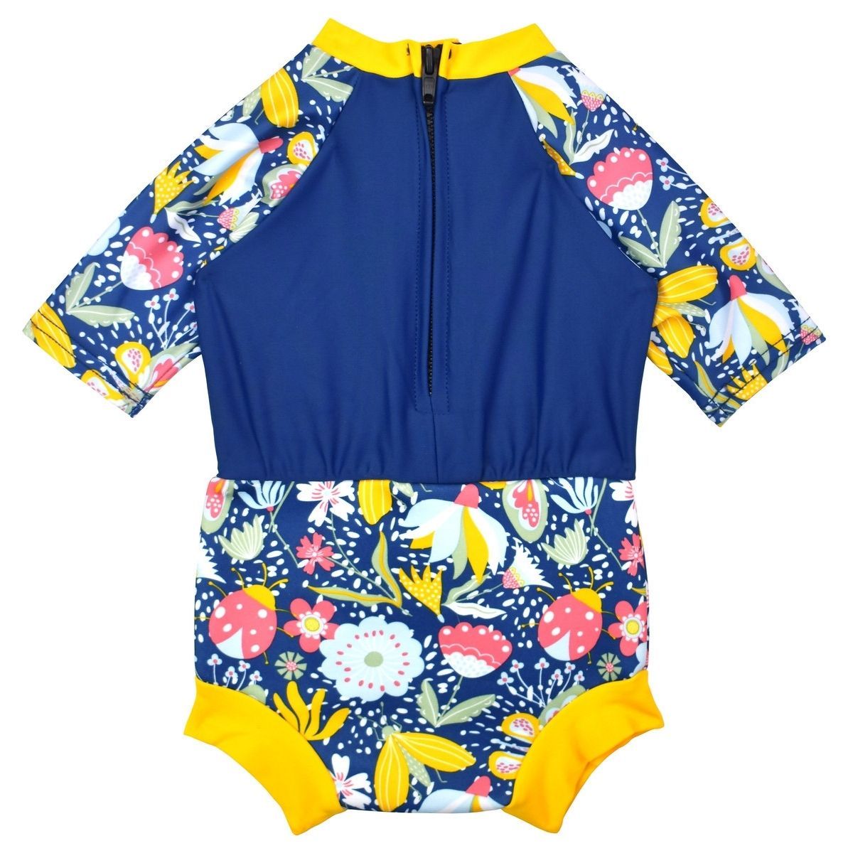 Happy Nappy Sunsuit in navy blue with yellow trims and floral print. Back.