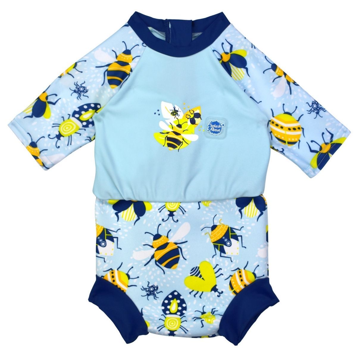 Happy Nappy Sunsuit in baby blue with navy blue trims and insects themed print. Front.