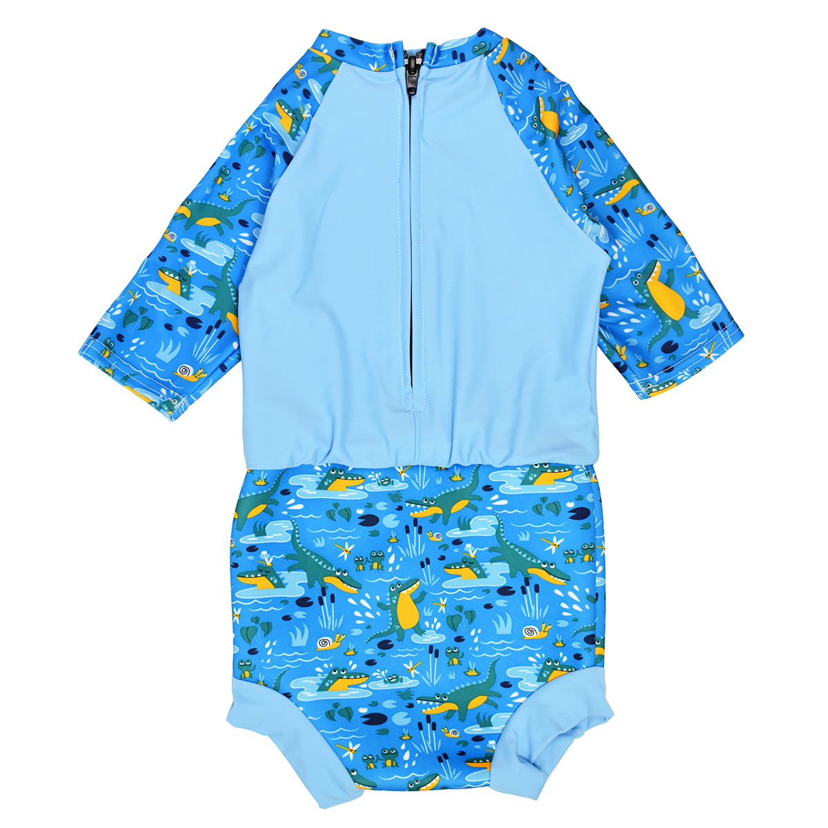 Happy Nappy Sunsuit in blue and swamp themed print, including crocodiles, snails, fireflies, frogs and more. Back.