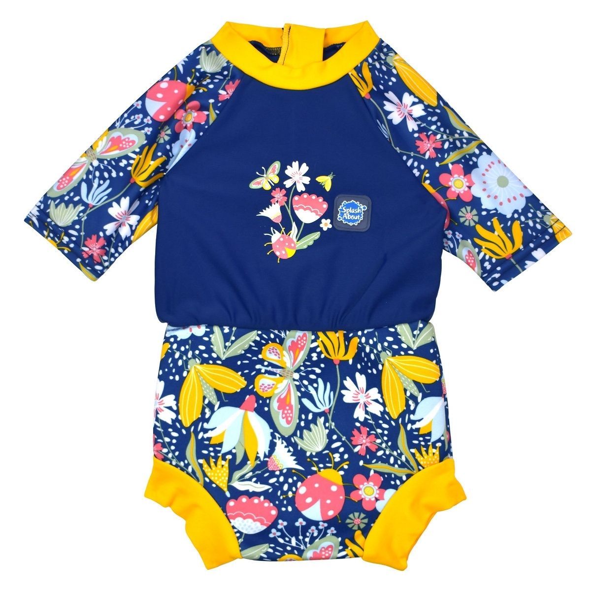 Happy Nappy Sunsuit in navy blue with yellow trims and floral print. Front.