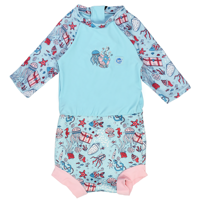 Happy Nappy Sunsuit in baby blue with light pink trims and under the sea themed print, including treasure chests, anchors, jellyfish, fish and more. Front.
