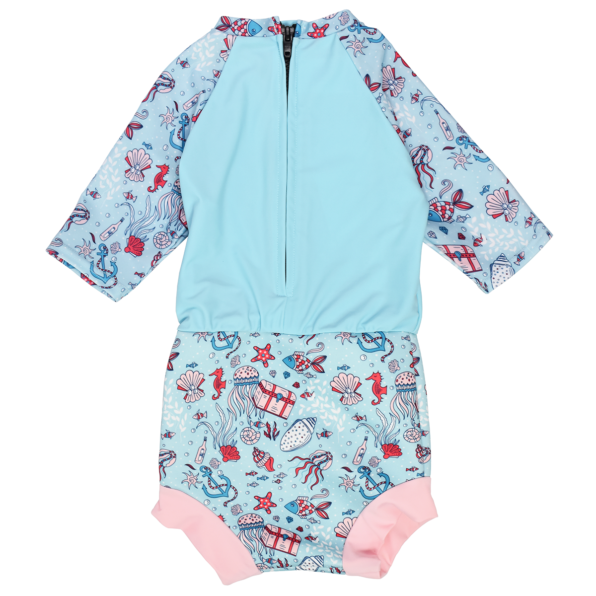 Happy Nappy Sunsuit in baby blue with light pink trims and under the sea themed print, including treasure chests, anchors, jellyfish, fish and more. Back.