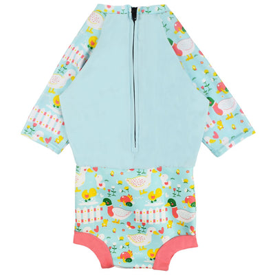 Happy Nappy Sunsuit in light blue and little ducks themed print on sleeves and swim nappy. Back.