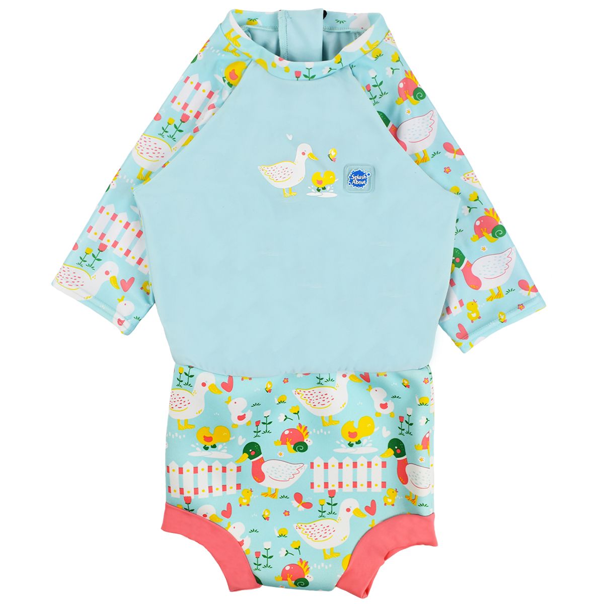 Happy Nappy Sunsuit in light blue and little ducks themed print on sleeves and swim nappy. Front.