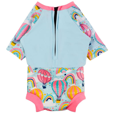 Happy Nappy Sunsuit in baby blue with pink trims and hot air balloons themed print, including rainbows and clouds. Back.