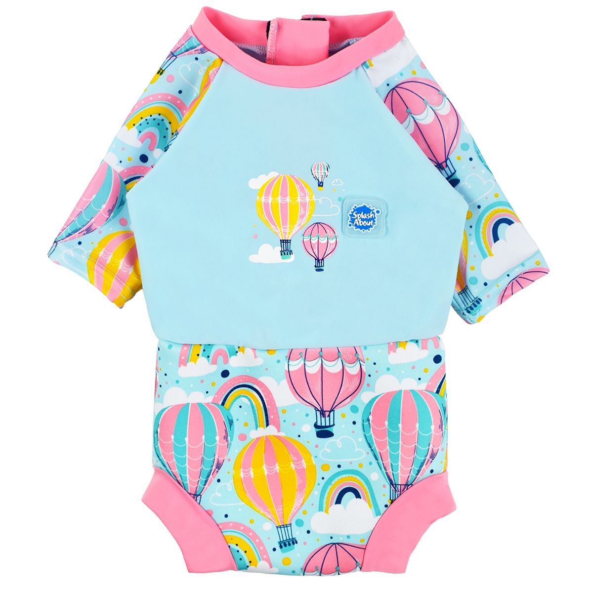 Happy Nappy Sunsuit in baby blue with pink trims and hot air balloons themed print, including rainbows and clouds. Front.