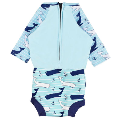 Happy Nappy Sunsuit in light blue and whales themed print. Back.