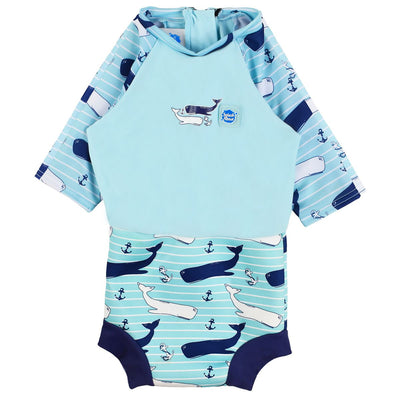 Happy Nappy Sunsuit in light blue and whales themed print. Front.