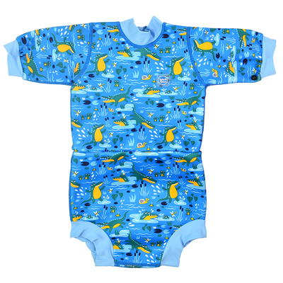 Baby wetsuit with built in swim nappy in blue and swamp themed print, including jolly crocodile. Light blue trims. Front.