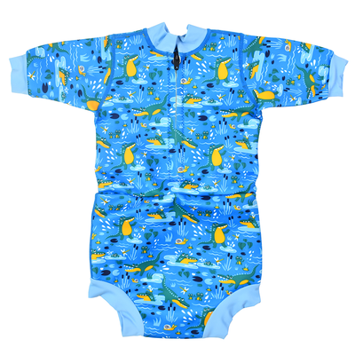 Baby wetsuit with built in swim nappy in blue and swamp themed print, including jolly crocodile. Light blue trims. Back.