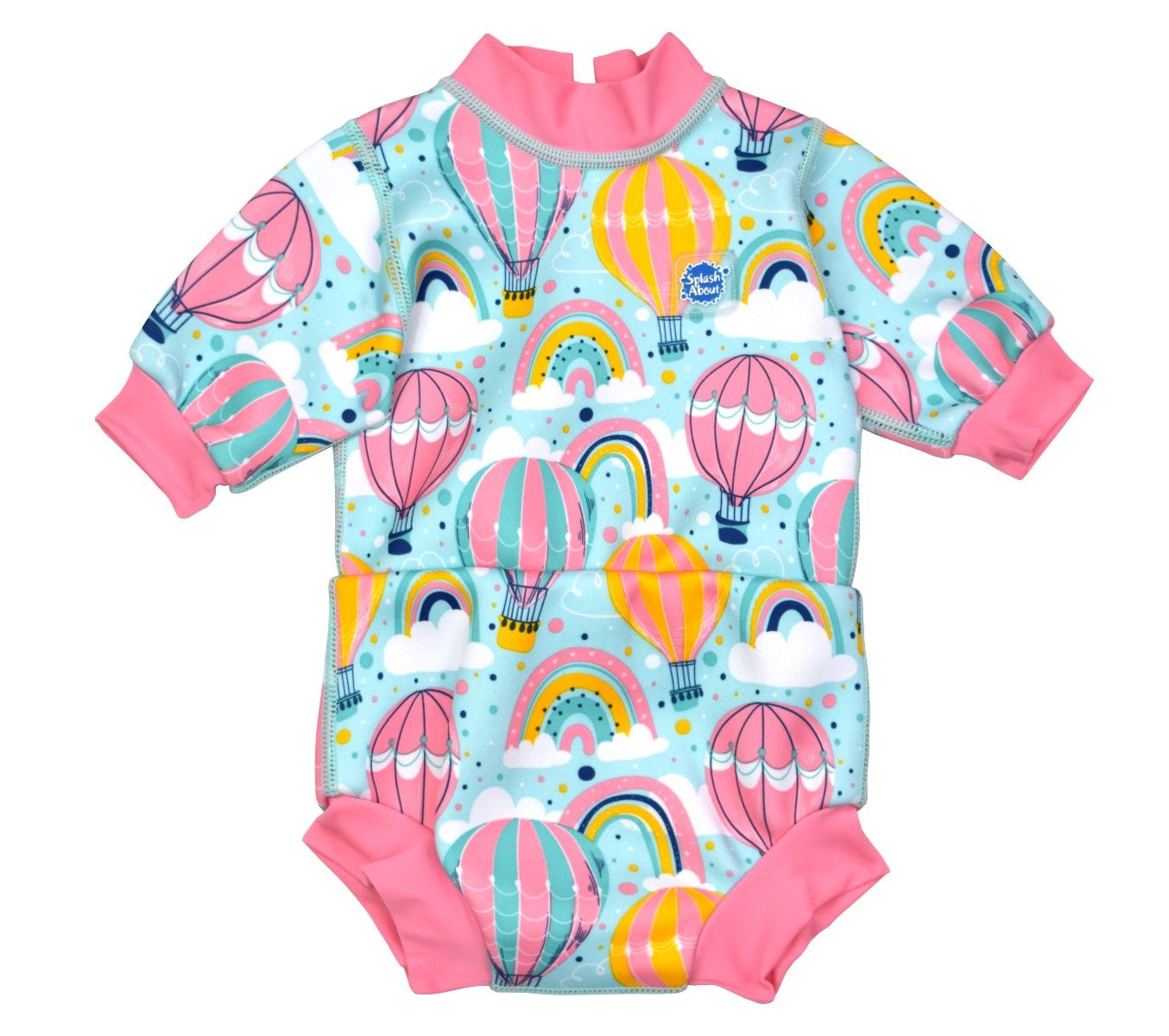 Baby wetsuit with built in swim nappy in baby blue with pink trims and hot air balloons themed print, including rainbows and clouds. Front.