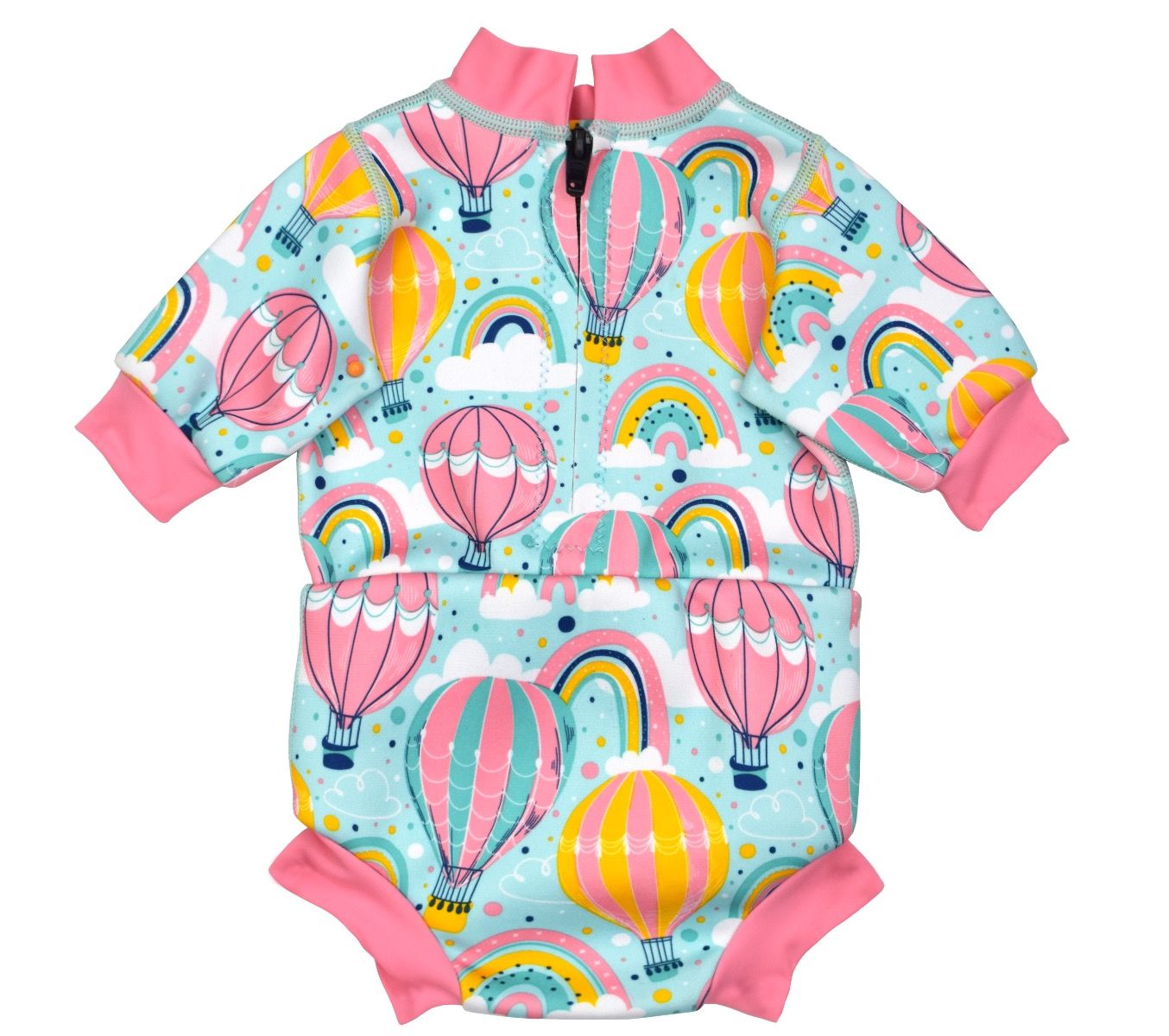 Baby wetsuit with built in swim nappy in baby blue with pink trims and hot air balloons themed print, including rainbows and clouds. Back.