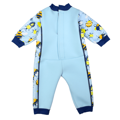 Fleece-lined baby wetsuit in light blue with navy blue trims and insects themed print. Back.