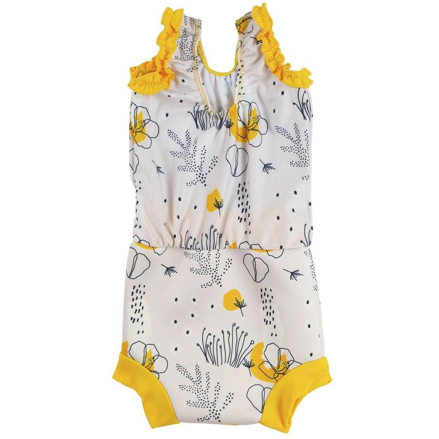 Happy Nappy costume featuring leaves and flowers print in black and yellow. White background and yellow trims. Front.
