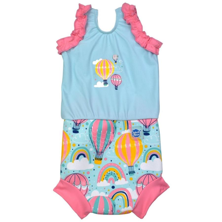 Happy Nappy costume featuring hot air balloons, clouds and rainbows print in pastel colours. Light blue background and pink trims.