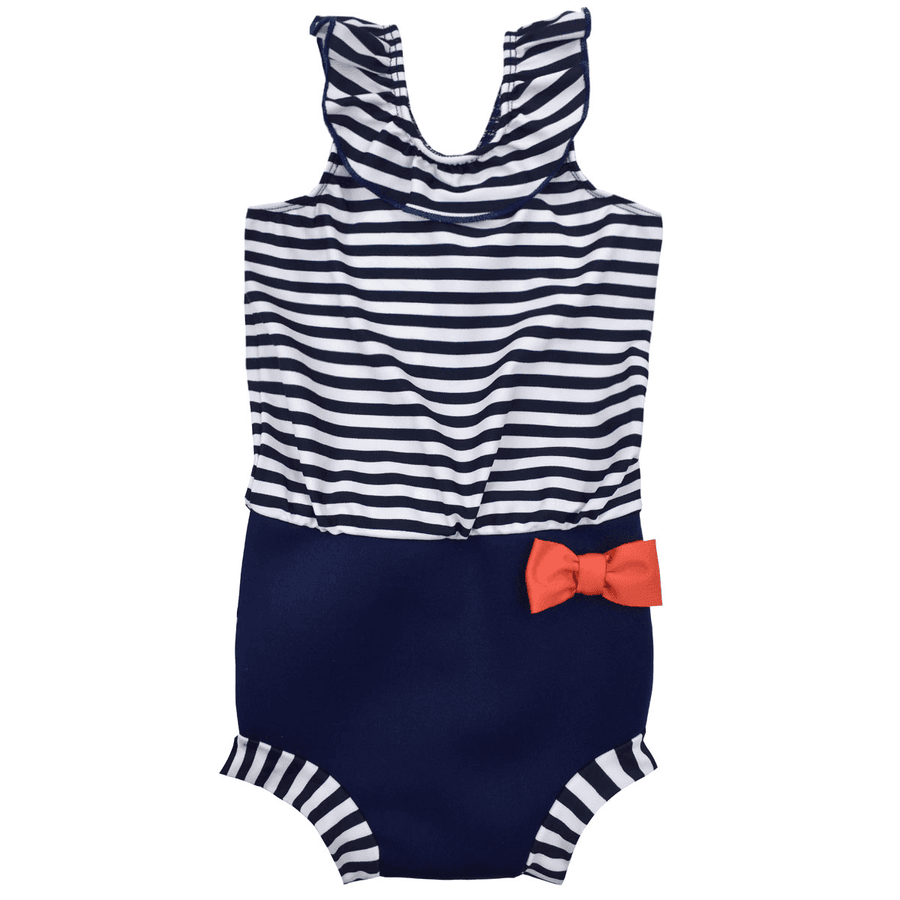 Happy Nappy costume featuring nautical design with frills and bows. Navy and white striped top, navy blue bottom. Red bow at the waist for the front.