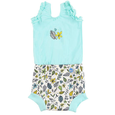 Happy Nappy costume featuring leaves and flowers print in pastel colours. Light blue background for the top and white for the bottom. Light blue trims. Front.