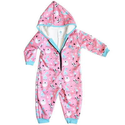 Waterproof fleece-lined onesie with hood in baby pink and Noahs ark themed print. Light blue trims. Front.