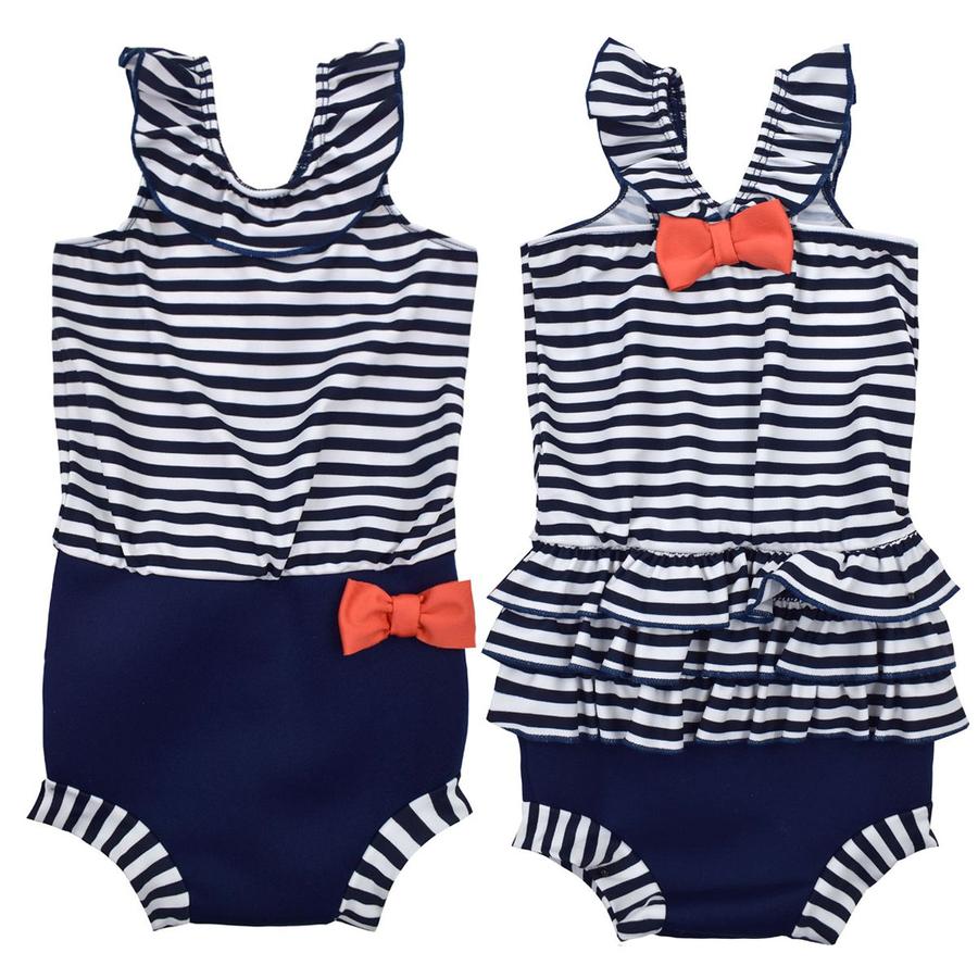 Happy Nappy costume featuring nautical design with frills and bows. Navy and white striped top, navy blue bottom. Red bow at the waist for the front, another red bow at the back.