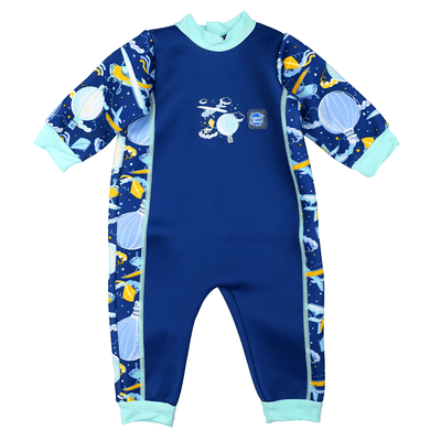 Fleece-lined baby wetsuit in navy blue with light blue trims and sky themed print, including airplanes, hot air balloons, clouds and kites. Front.