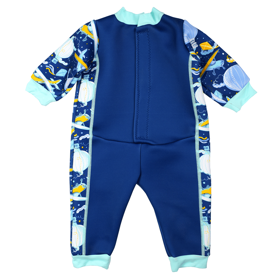 Fleece-lined baby wetsuit in navy blue with light blue trims and sky themed print, including airplanes, hot air balloons, clouds and kites. Back.