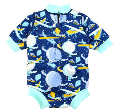 Baby wetsuit with built in swim nappy in navy blue and sky themed print, including airplanes, air hot balloons, clouds and kites. Light blue trims. Back.