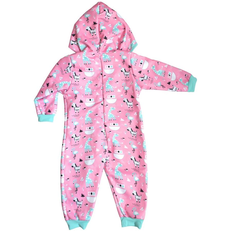 Waterproof fleece-lined onesie with hood in baby pink and Noahs ark themed print. Light blue trims. Back.