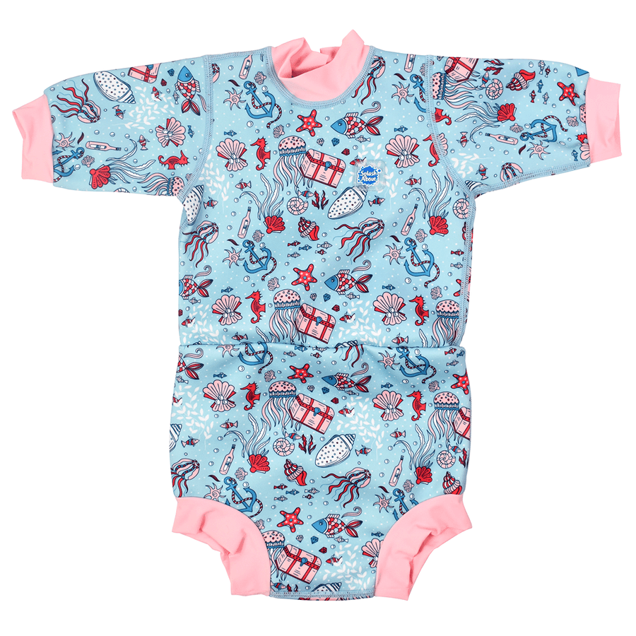 Baby wetsuit with built in swim nappy in light blue and ocean themed print, including jellyfish, seahorses, treasure chests and more. Baby pink trims. Front.