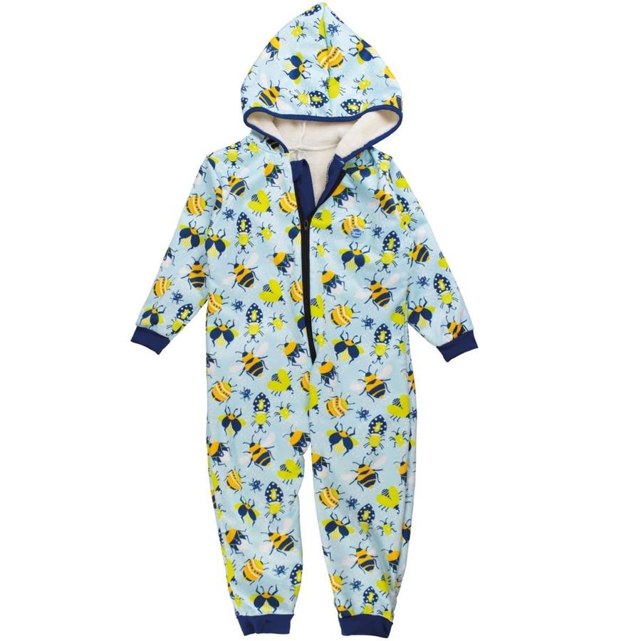 Waterproof fleece-lined onesie with hood in light blue and insects themed print. Navy blue trims. Front.