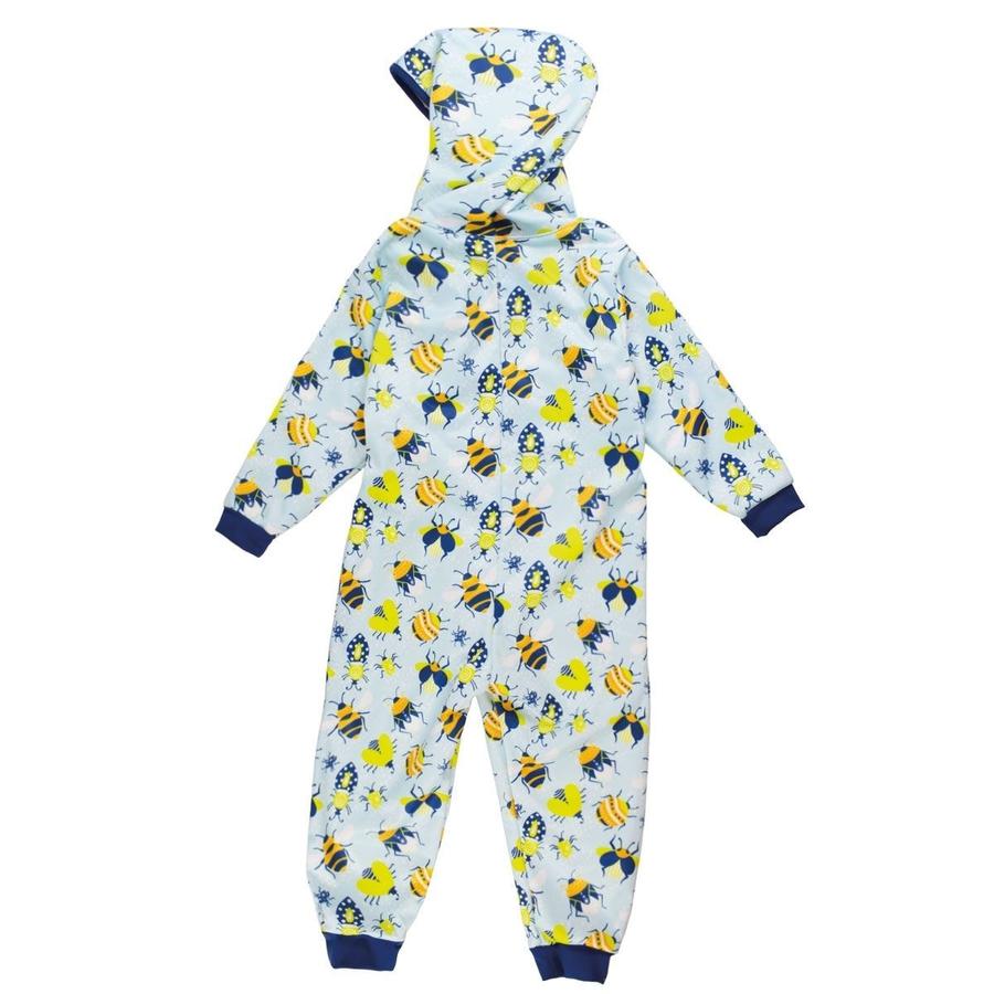 Waterproof fleece-lined onesie with hood in light blue and insects themed print. Navy blue trims. Back.