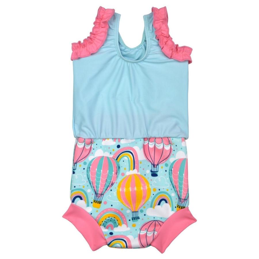 Happy Nappy costume featuring hot air balloons, clouds and rainbows print in pastel colours. Light blue background and pink trims.