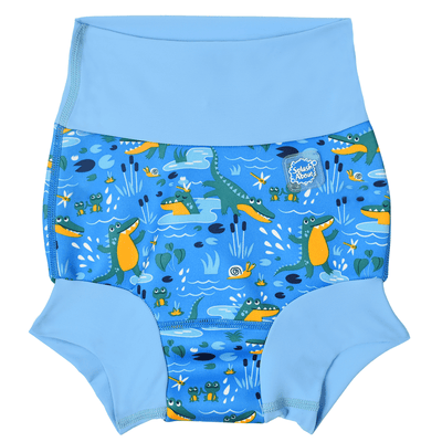 Blue Happy Nappy featuring a colourful swamp themed print, including green and yellow crocodiles, frogs, snails and dragonflies. Front.