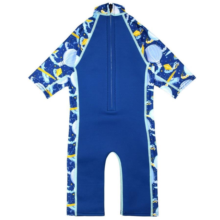 One piece UV sun and sea wetsuit for toddlers in navy blue. Sky themed print including airplanes, air hot balloons, clouds and kites on sleeves, side panels and neck. Back.