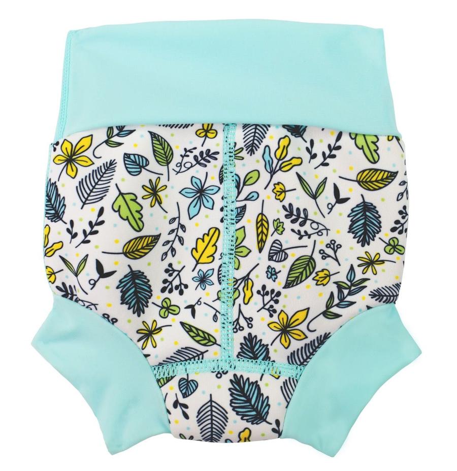 Happy Nappy featuring green, yellow and blue leaves print. Light blue trims. Back.