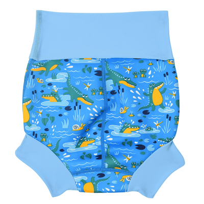 Blue Happy Nappy featuring a colourful swamp themed print, including green and yellow crocodiles, frogs, snails and dragonflies. Back.