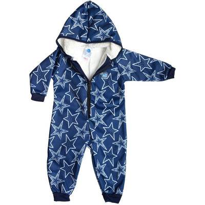 Waterproof fleece-lined onesie in navy blue and stars print. Includes hood. Front.