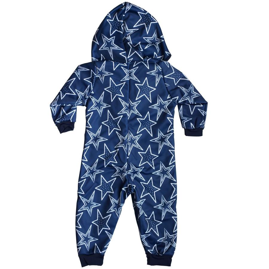 Waterproof fleece-lined onesie in navy blue and stars print. Includes hood. Back.