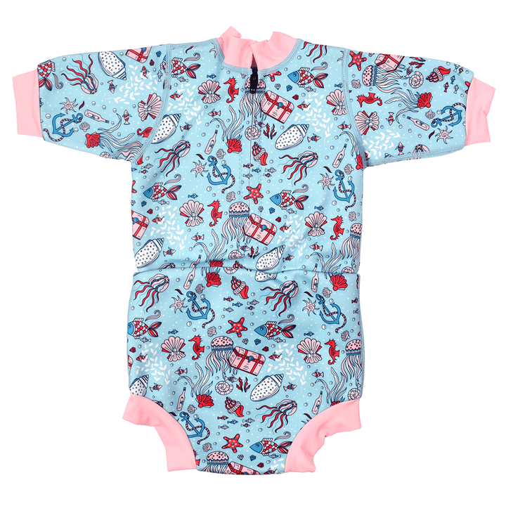 Baby wetsuit with built in swim nappy in light blue and ocean themed print, including jellyfish, seahorses, treasure chests and more. Baby pink trims. Back.