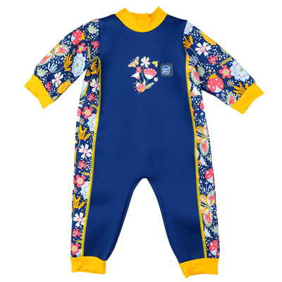 Fleece-lined baby wetsuit in navy blue with yellow trims and flowers print. Front.