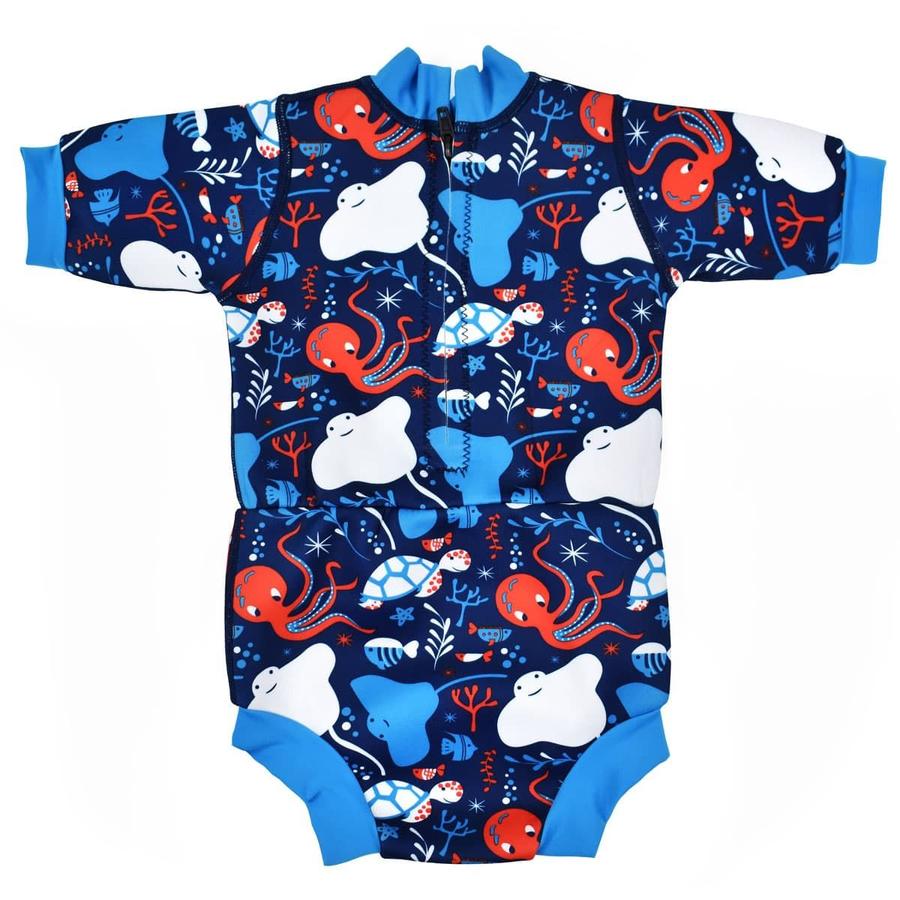 Baby wetsuit with built in swim nappy in navy blue and under the sea themed print, including octopus, turtles, fish, sea ray and more. Blue trims. Back.
