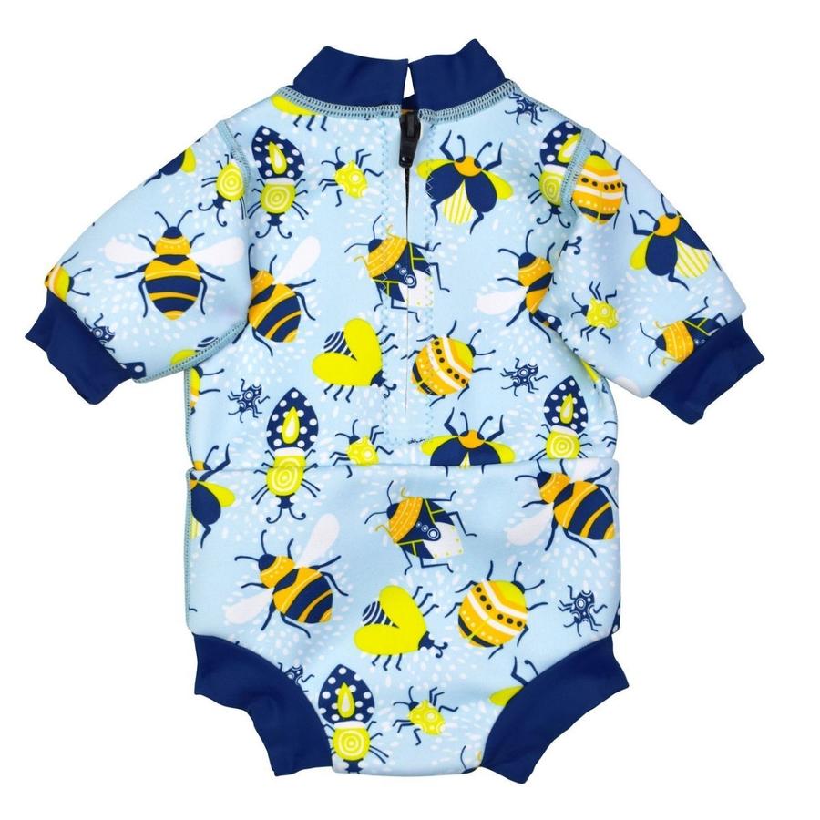 Baby wetsuit with built in swim nappy in light blue and insects print. Navy blue trims. Back.