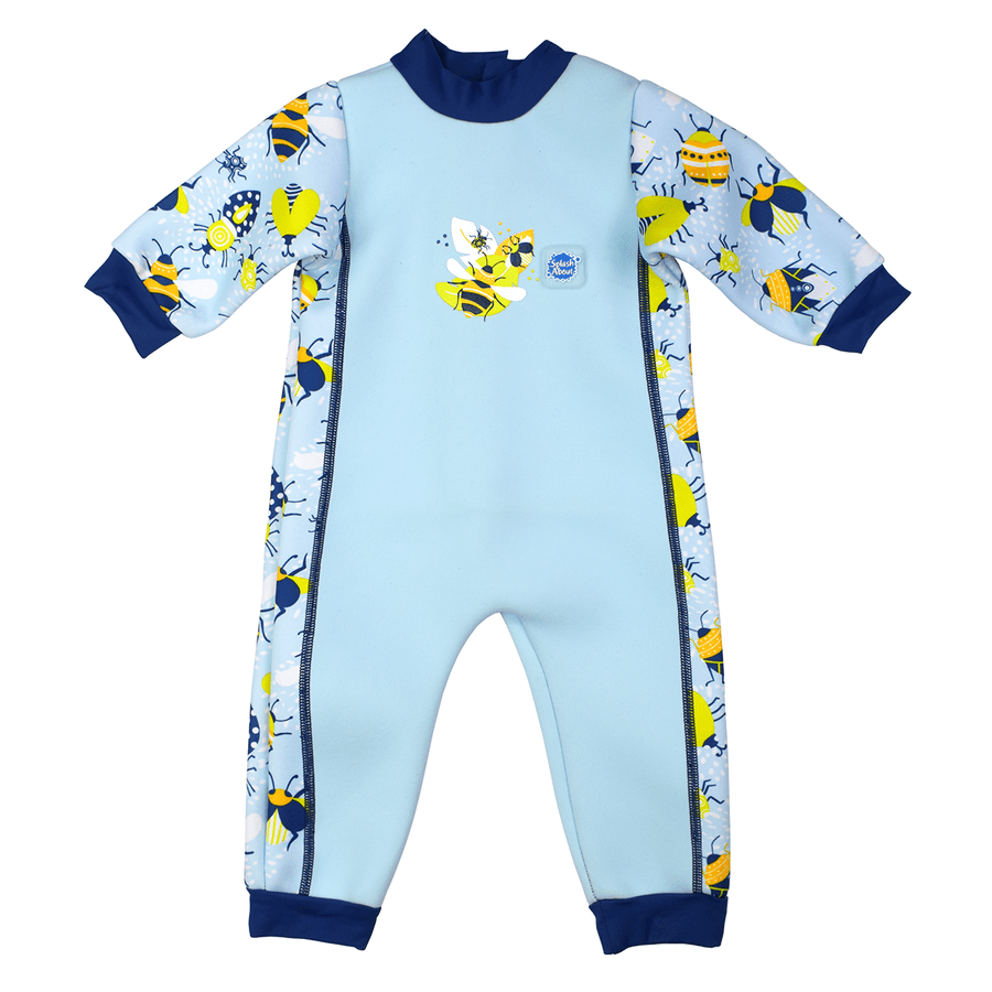 Fleece-lined baby wetsuit in light blue with navy blue trims and insects themed print. Front.